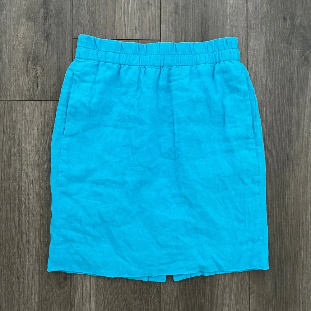J.Crew Womens XS Turquoise Blue 100% Linen Elastic Waist Pocket Mini Skirt